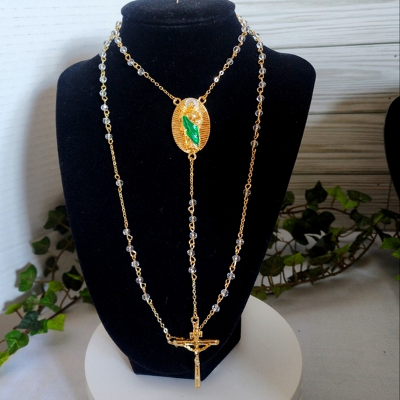 Gold with Clear Crystal Rosary Necklace St Jude Pendant - Picture 1 of 7